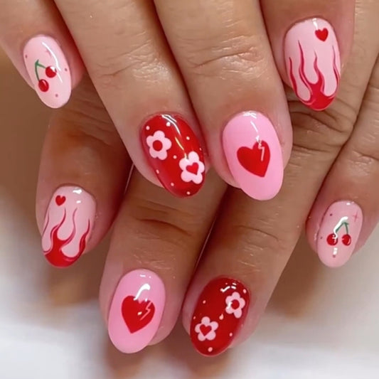 Sweetheart Soiree Medium Oval Pink Press-On Nails with Cherry and Floral Art