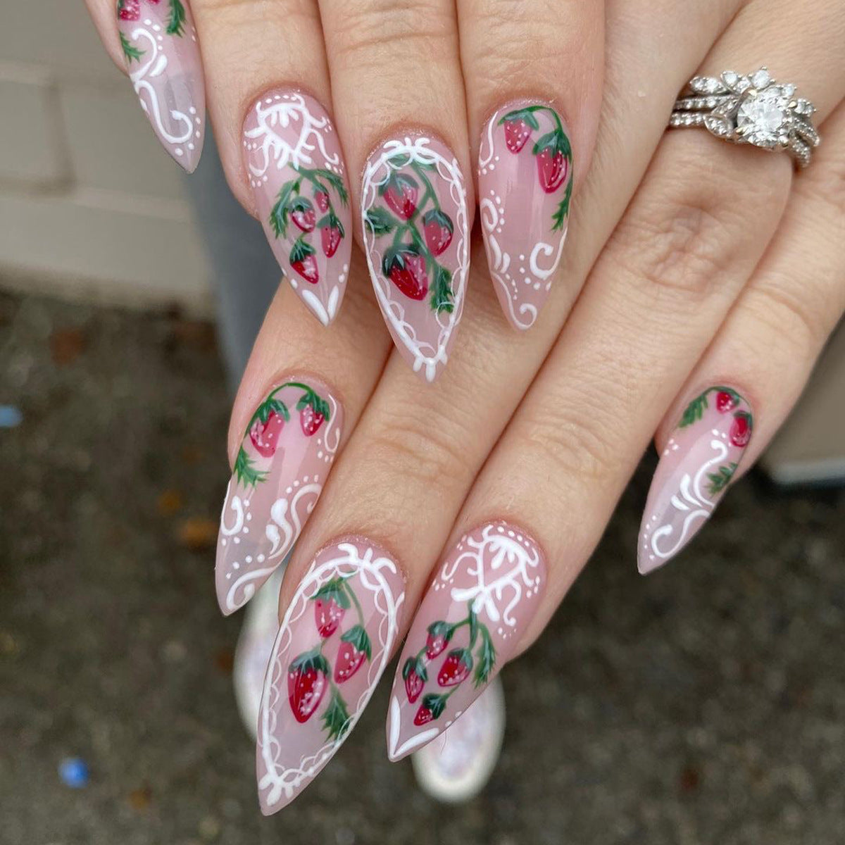 Enchanted Garden Long Almond Pink Press On Nail Set with Floral and Strawberry Design