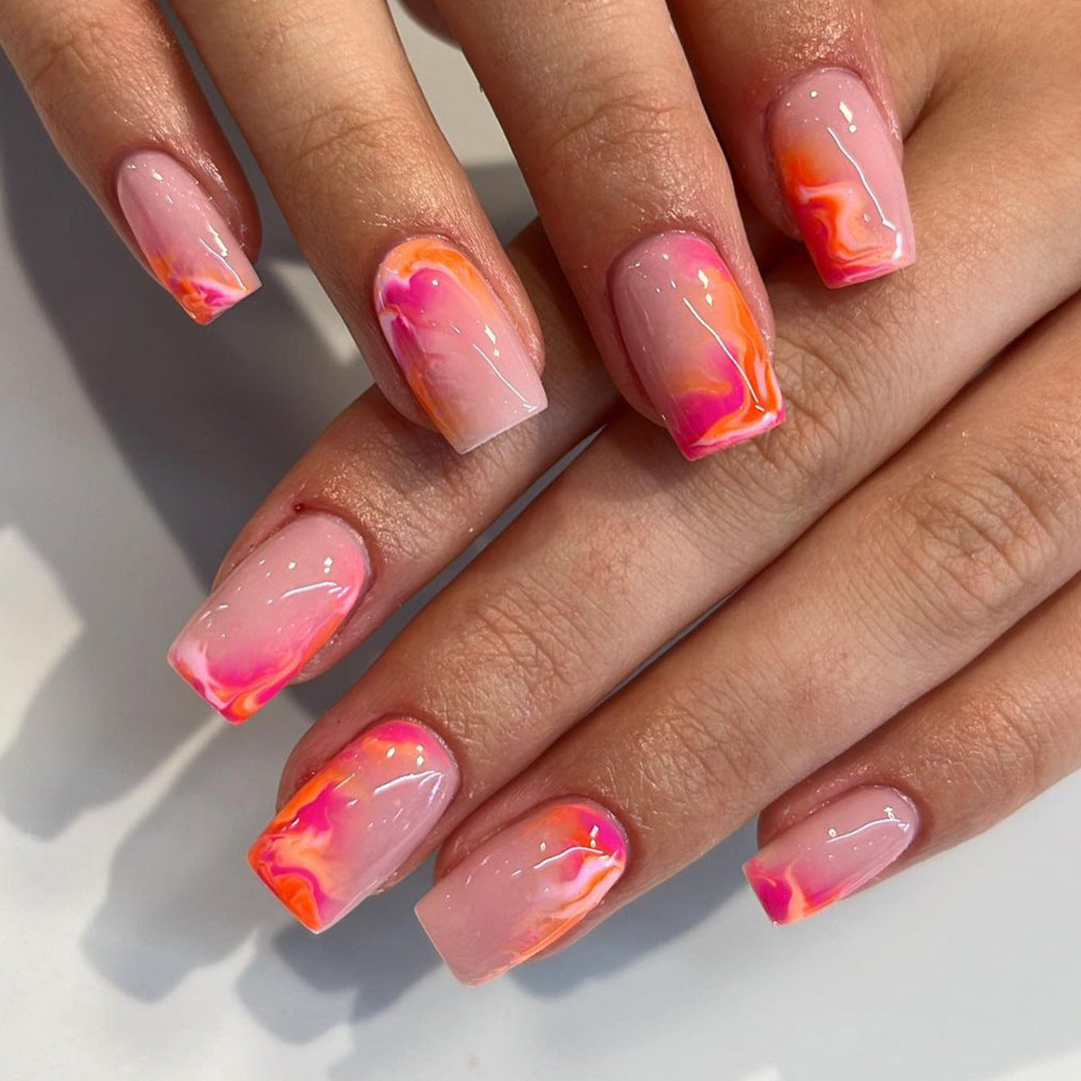 Tropical Sunset Medium Square Pink to Orange Ombre Press On Nails with Marble Effect