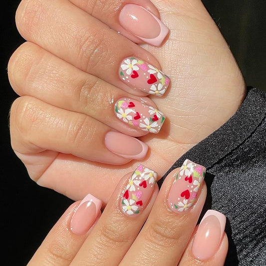 Spring Blossom Collection: Medium Square Pink Press On Nails with Floral and Heart Accents