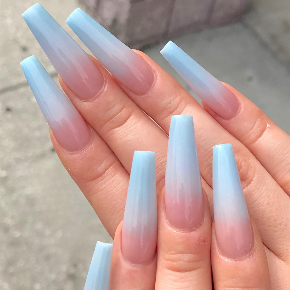 Enchanted Skyline Extra Long Coffin Baby Blue Ombre Press On Nail Set with Sheer Finish