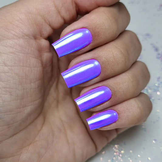 Galactic Glow Medium Square Shape Iridescent Purple Press On Nail Set with Holographic Shine