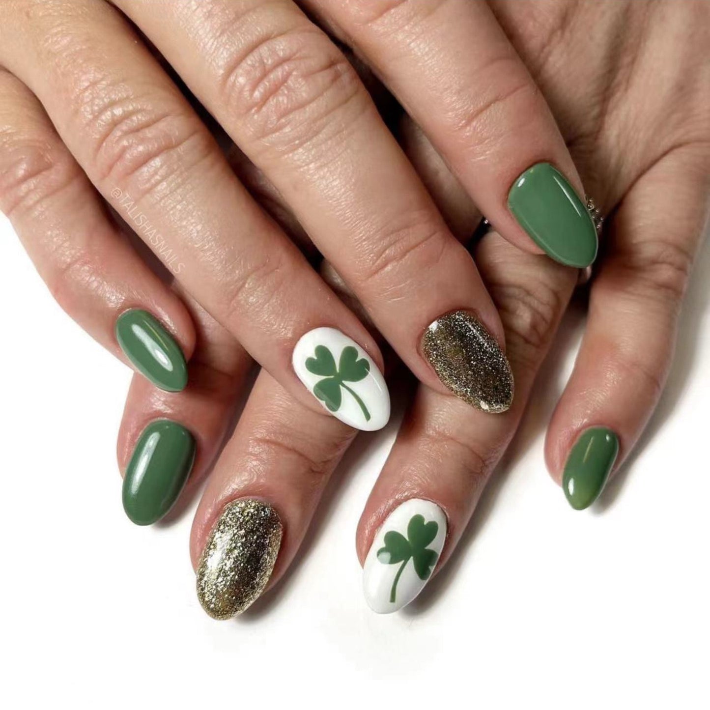 Lucky Charm Medium Almond Green and White Press-On Nail Set with Clover Design and Glitter Accent