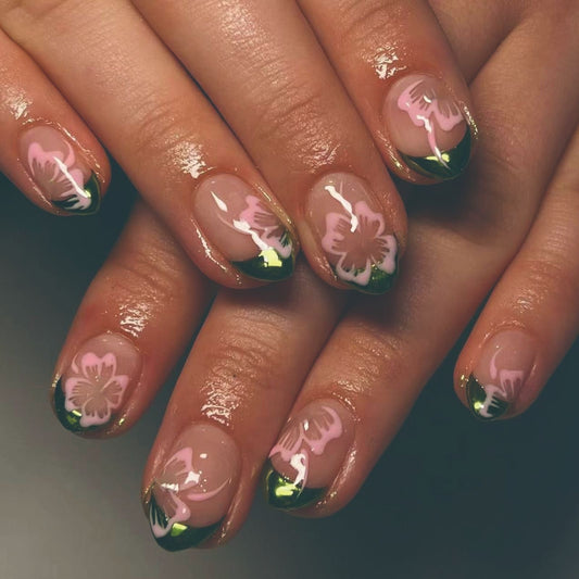 Spring Blossom Short Round Natural Pink Press-On Nails with Floral Accents and Green Tips