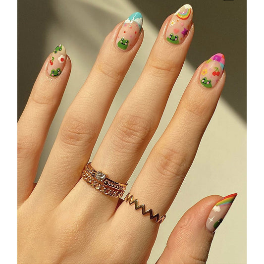 Enchanted Cactus Garden Medium Almond Pastel Rainbow Glitter Press On Nails with Adorable Cacti Accents