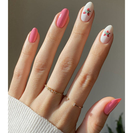 Summer Blossom Short Round Pink Press On Nails with Floral Accents