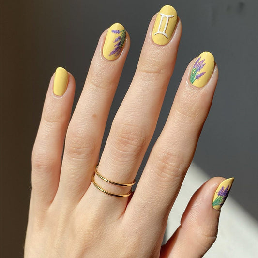 Sunshine Lavender Field Short Round Yellow Press On Nails with Floral Accents