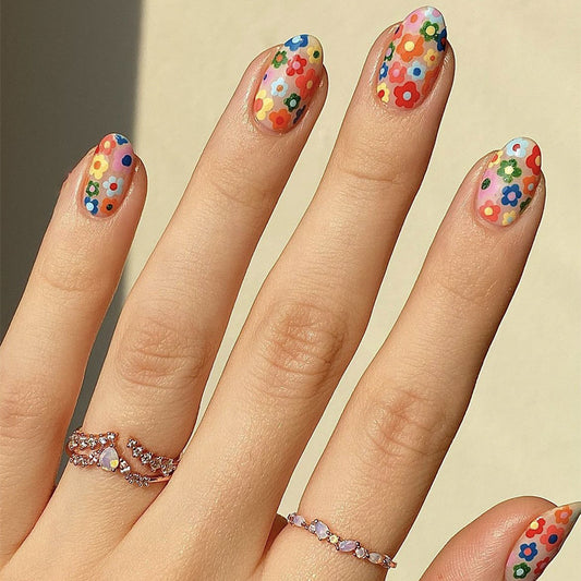 Groovy Question Shrot Round Multicolor Floral Press On Nails