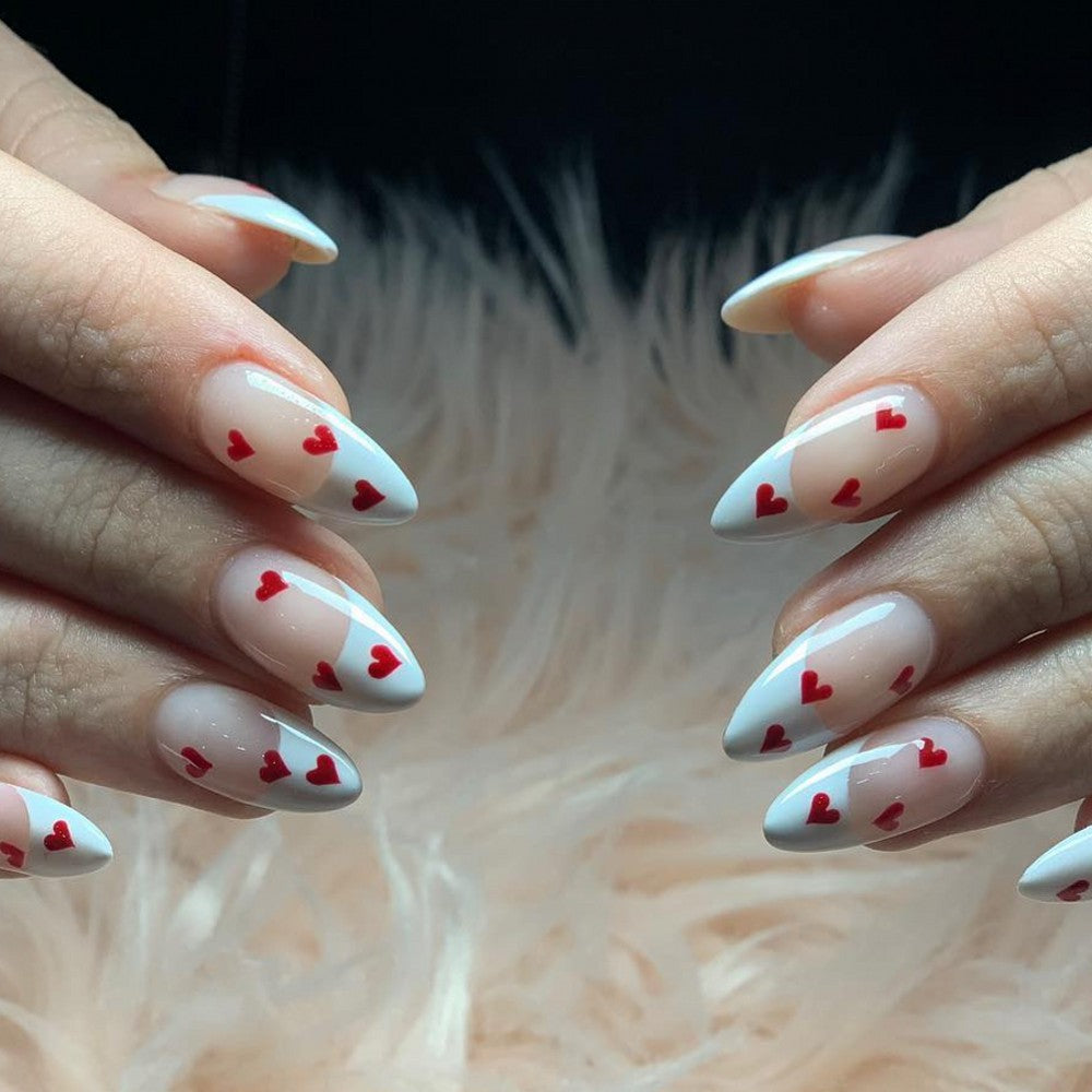 Valentine's Affair Long Almond White Press On Nail Set with Red Heart Accents