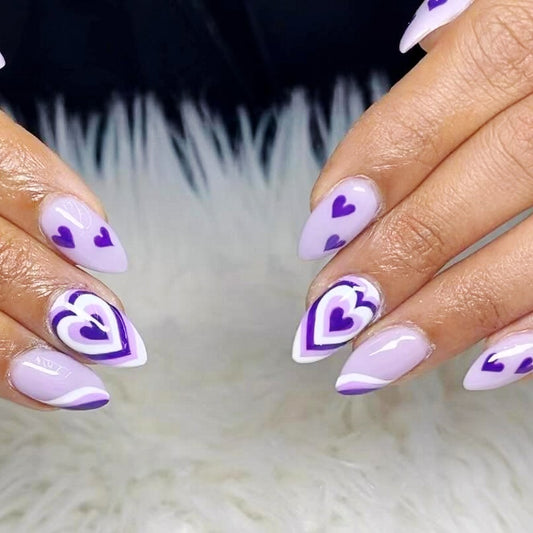 Elegant Romance Short Almond Lavender Press On Nails with Heart Accents