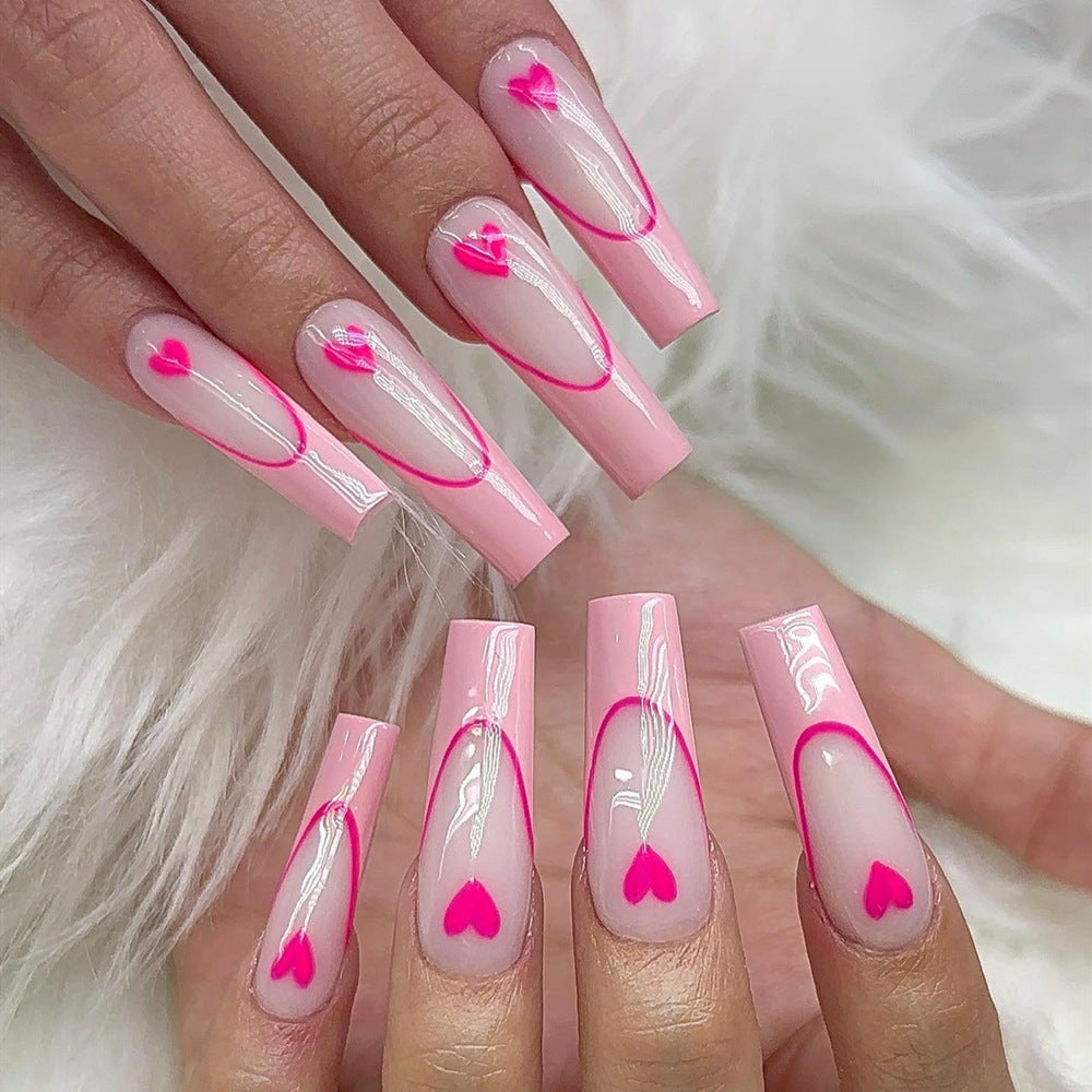 Enchanted Elegance Extra-Long Coffin Shape Pink Press On Nails with Heart Accents and Ombre Effect