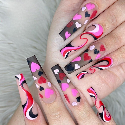 Valentine's Day Long Coffin Pink and Black Press-On Nail Set with Heart Accents and Swirl Patterns