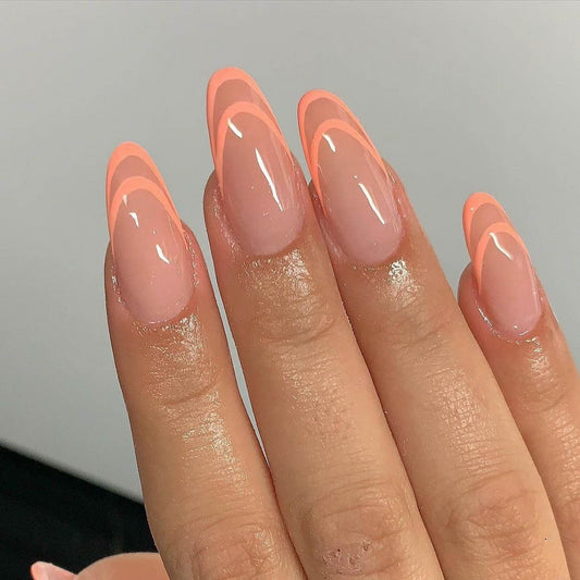 Peach Perfection Medium Almond Beige Press On Nail Set with Neon Peach French Tips