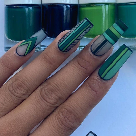 Geometric Greens Long Coffin Dual-Tone Green Press On Nails with Striped Pattern Design