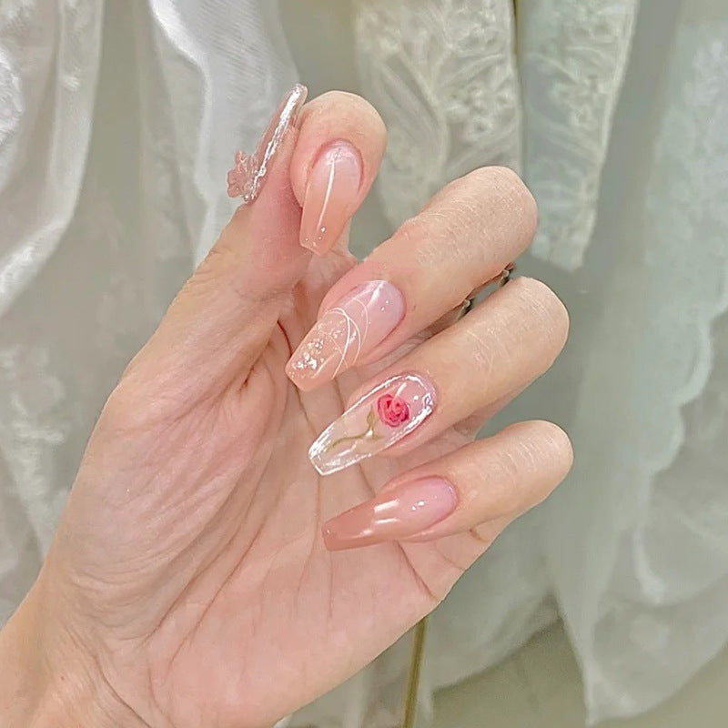 Romantic Florals Medium Coffin Beige Press On Nails with Clear Floral and Lace Designs