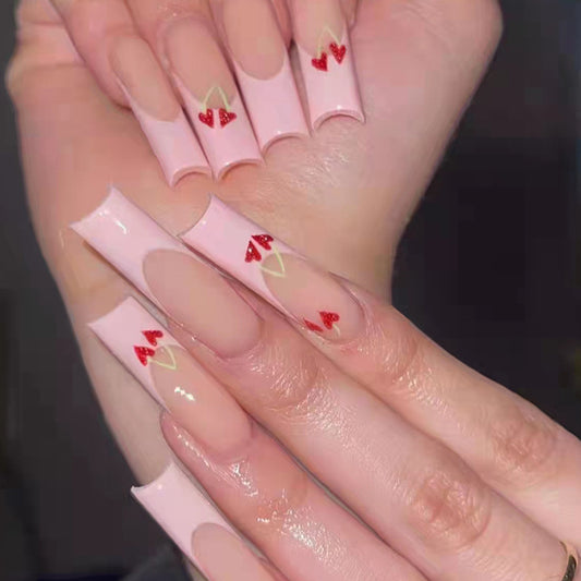 Romantic Affair Extra Long Square Press On Nail Set, Baby Pink with Red Hearts and Golden Accents