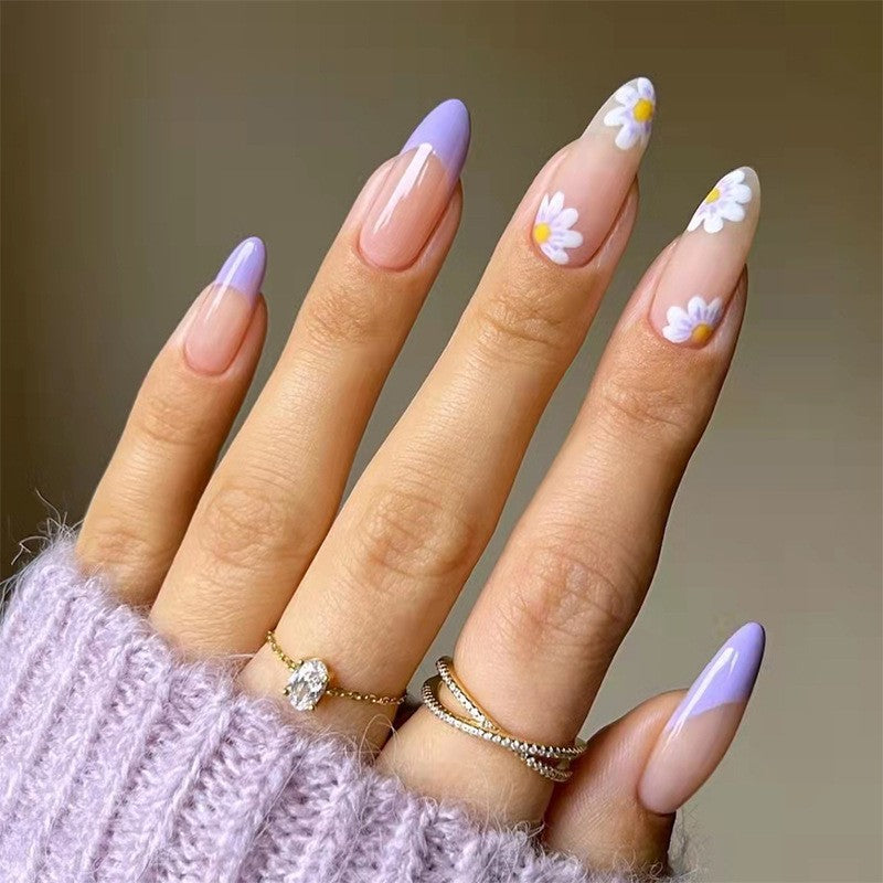 Springtime Bliss Long Almond Press On Nail Set, Beige to Lavender Gradient with Daisy Accents