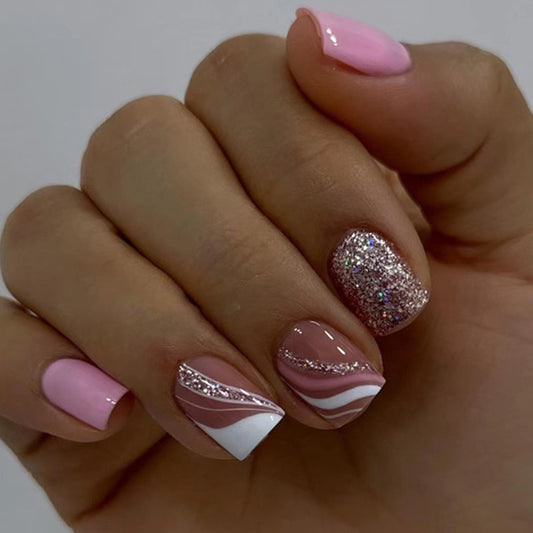 Interesting Coincidence Short Square Pink Groovy Press On Nails