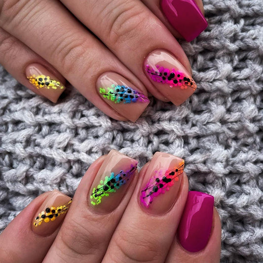 Huge Deal Short Square Multicolor Rainbow Press On Nails