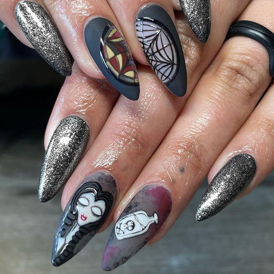 Corpse Bride Long Almond Black Halloween Press On Nails