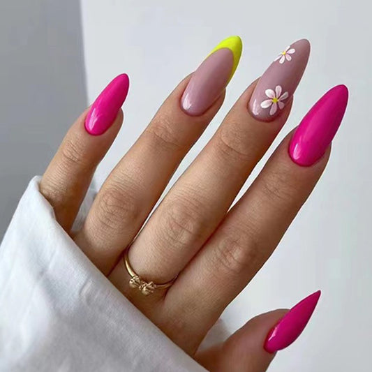 Tropical Bloom Long Almond Press On Nail Set, Bright Pink and Yellow with Lavender Floral Accents