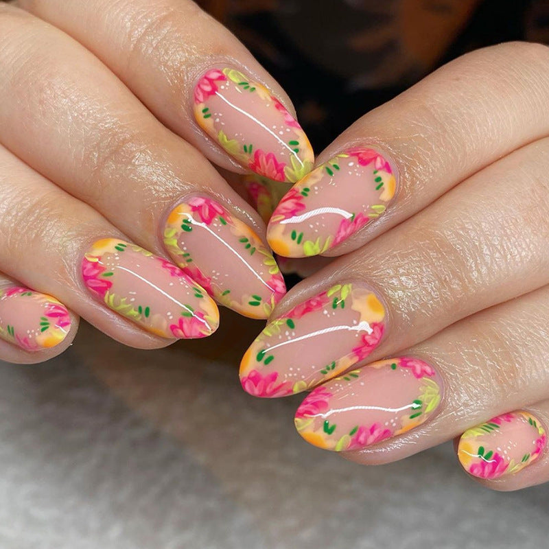 Narrow Topic Medium Oval Beige Floral Press On Nails