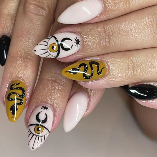 Get Access Short Stiletto Beige Astrology Press On Nails