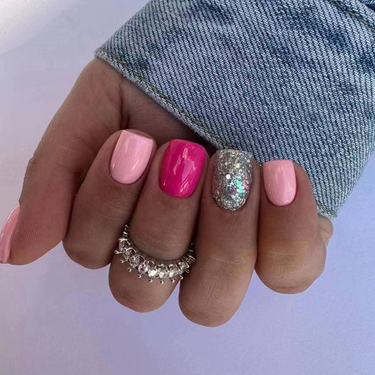 Afternoon Short Square Pink Glitter Press On Nails