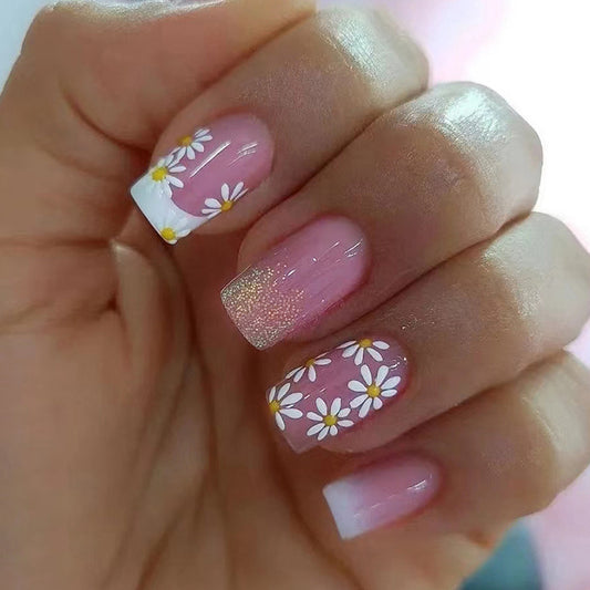 Academic Medium Square White Floral Press On Nails