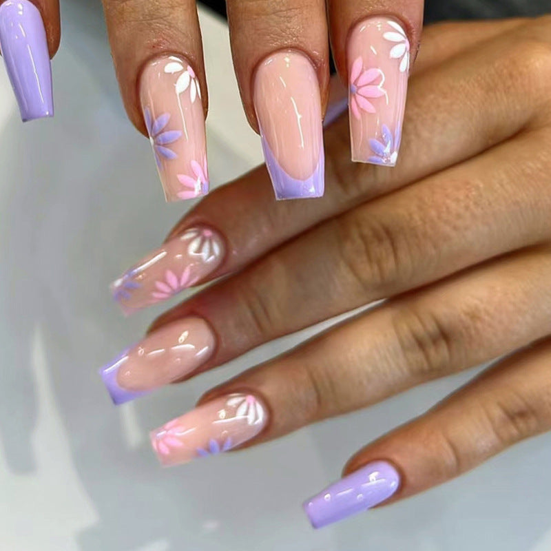 Surrounded Long Coffin Purple Floral Press On Nails