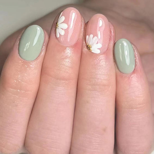 Residential Short Round Pink Floral Press On Nails