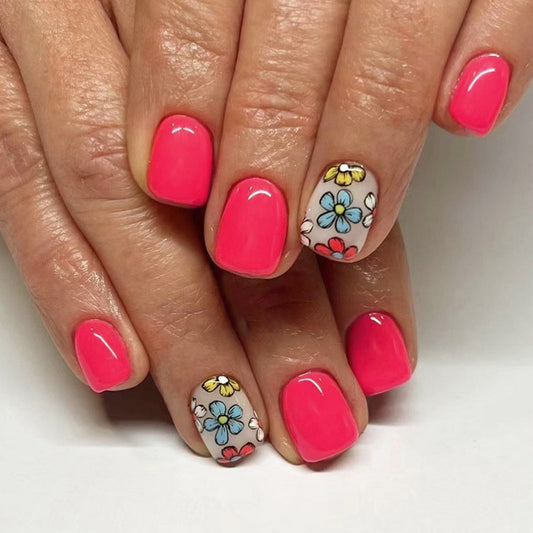 Intact Short Square Pink Floral Press On Nails