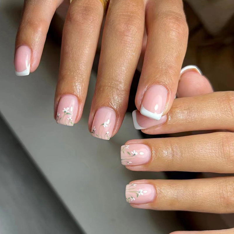 Fast Forward Short Square White Floral Press On Nails