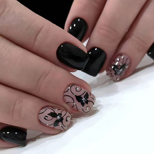 The Crunch Short Square Black Studded Press On Nails