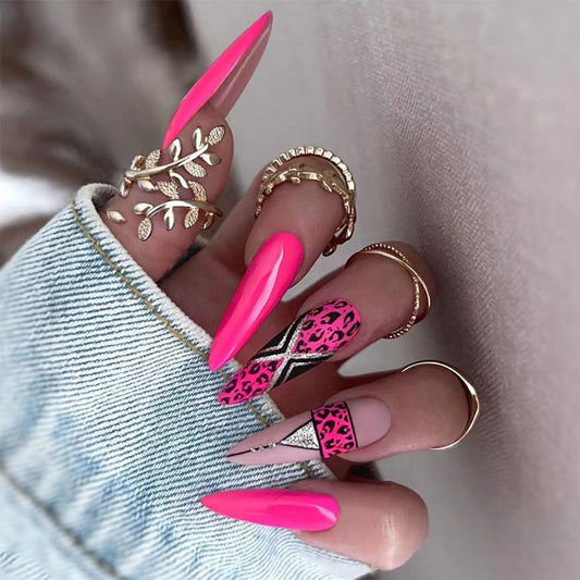 Lit Up Long Stiletto Pink Leopard Press On Nails