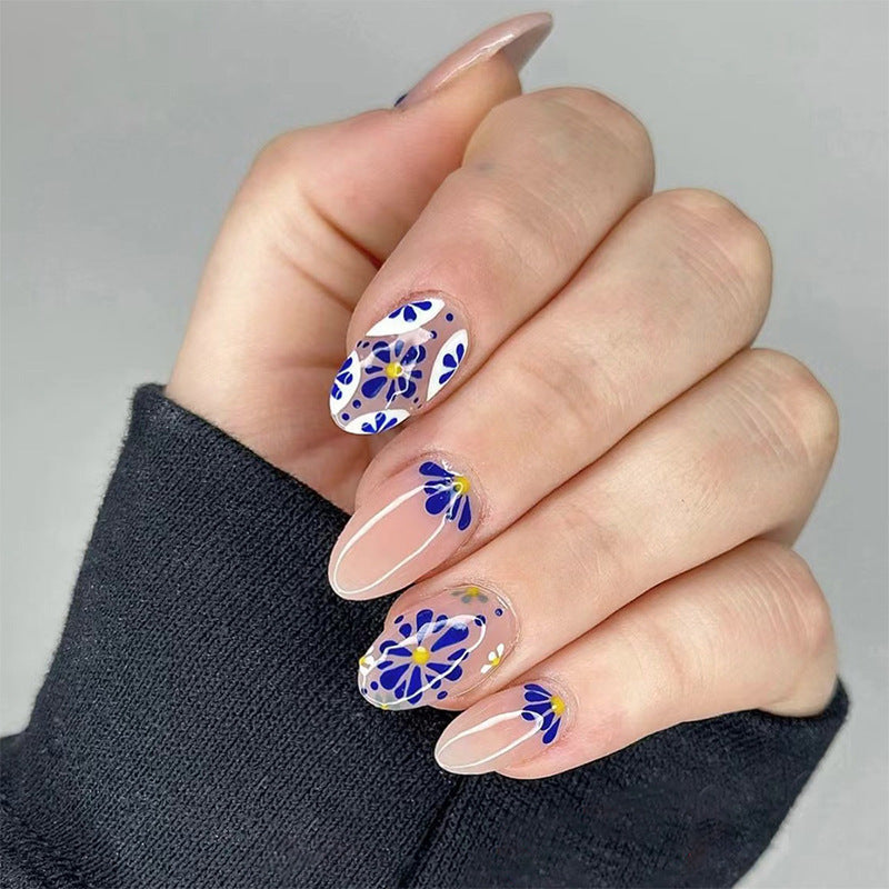 In The Direction Medium Oval Blue Floral Press On Nails