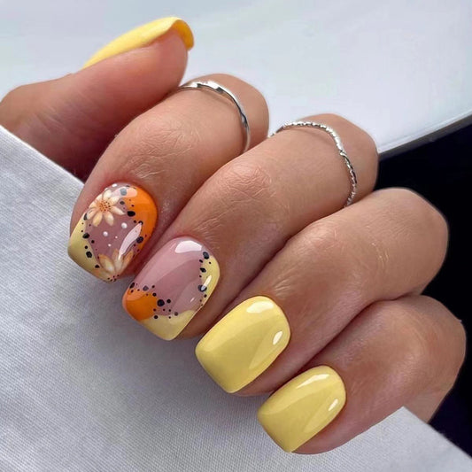 Sunshine Love Short Square Yellow Floral Press On Nails