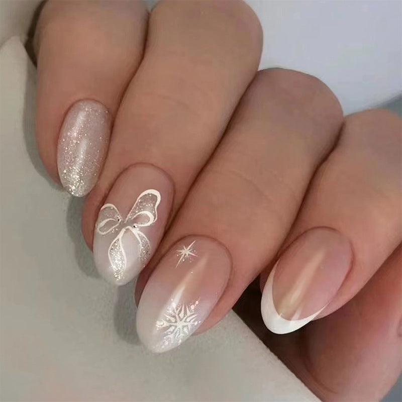 Put A Bow On It Medium Almond White Winter Press On Nails