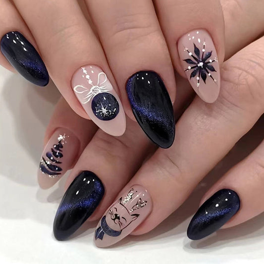 Cat Under The Tree Medium Almond Black Holiday Press On Nails