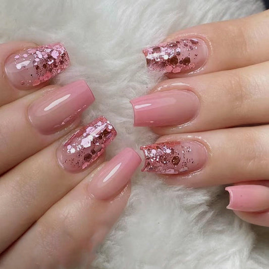 Popping Champagne Medium Coffin Pink Glitter Press On Nails