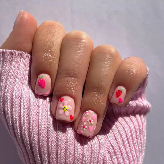 Strawberry Daisy Short Square Pink Cute Press On Nails