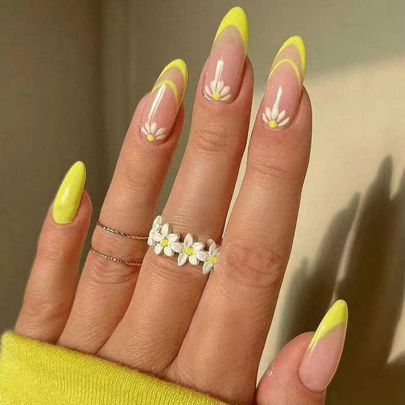 Spring Fling Medium Oval Yellow Pink Ombre Press On Nail Set with Daisy Accents