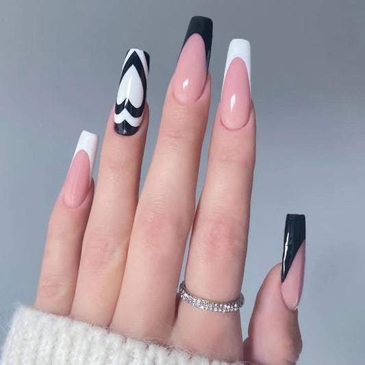 Monochrome Elegance Long Coffin Black White Pink Press On Nail Set with Geometric Patterns