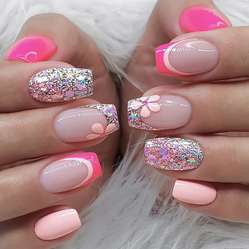 Each Different Medium Coffin Pink Glitter Press On Nails