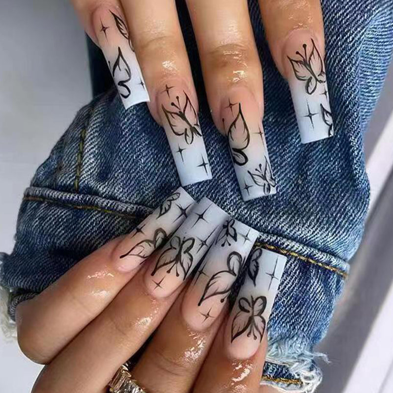 Denim Days Extra Long Square White Press On Nail Set with Black Floral Line Art