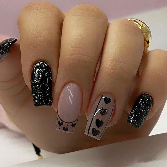 Notes Of The Hearts Long Square Black Bold Press On Nails