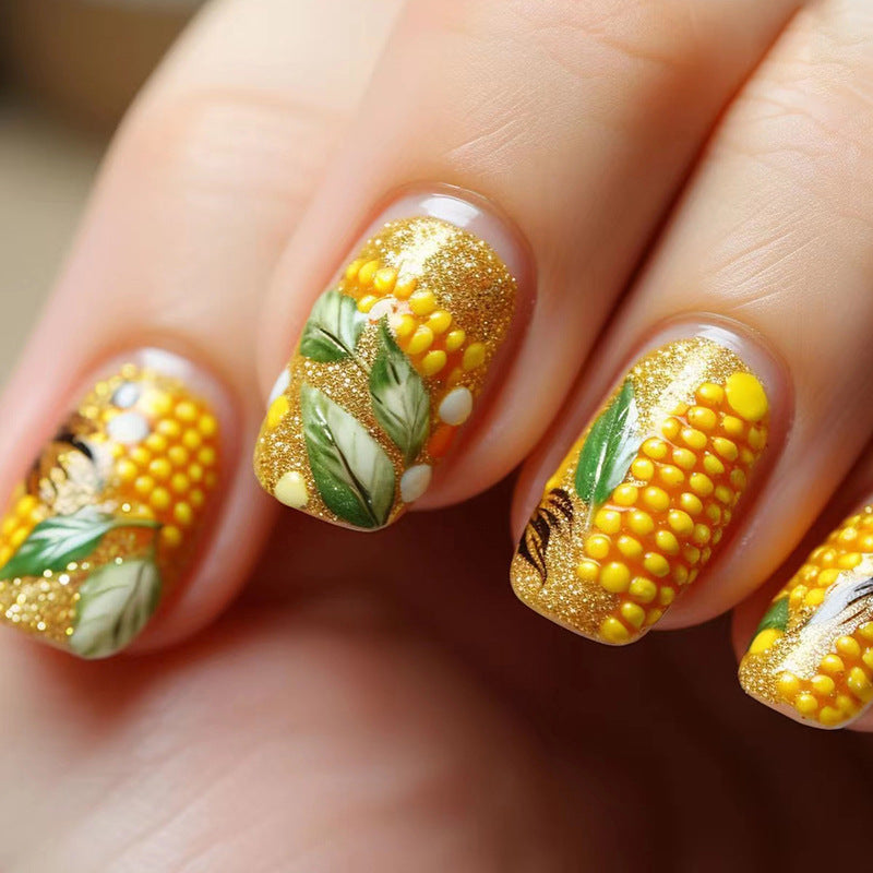 Corn On The Cob Medium Square Yellow Cute Press On Nails