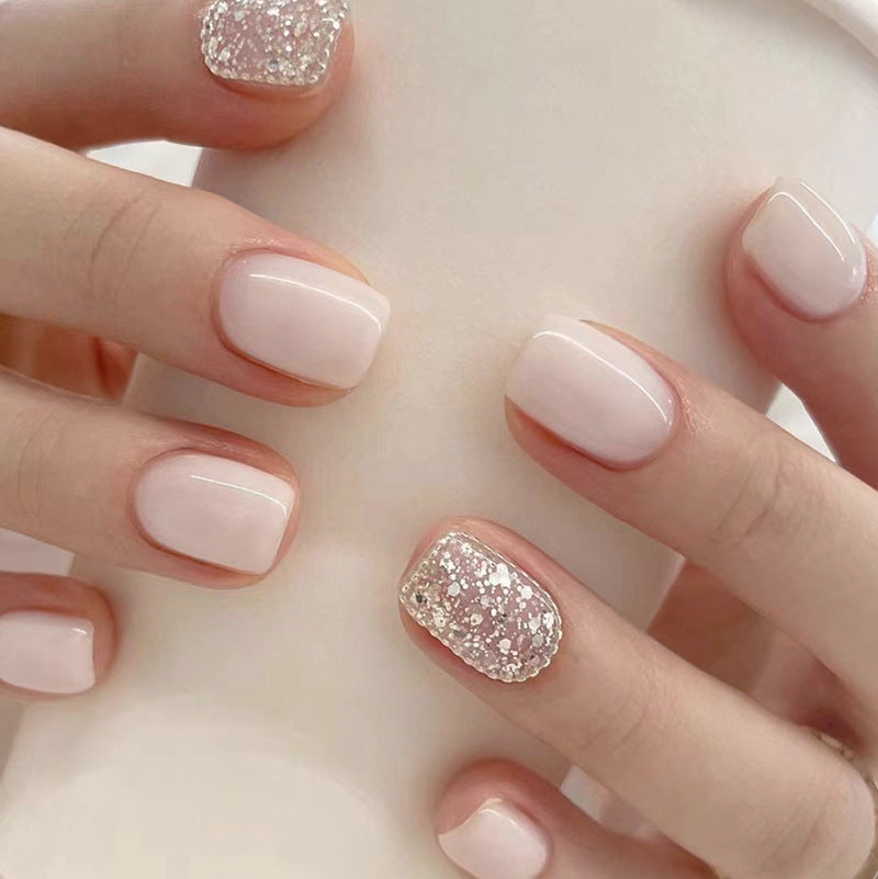 Playful Charming Beauty Short Square Beige Glitter Press On Nails