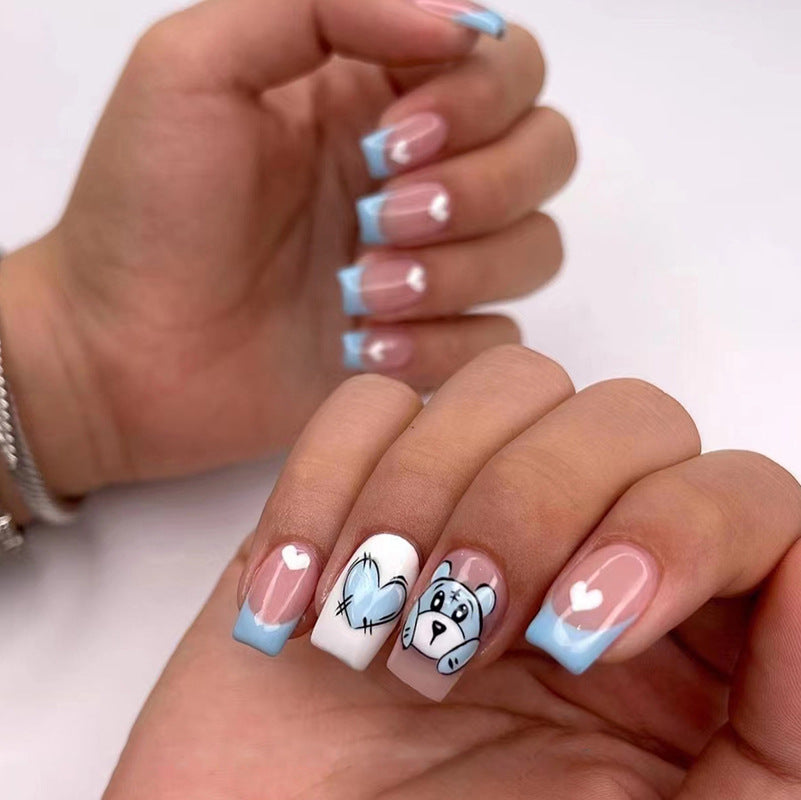 Beary Into Your Heart Medium Square Blue Cartoon Press On Nails