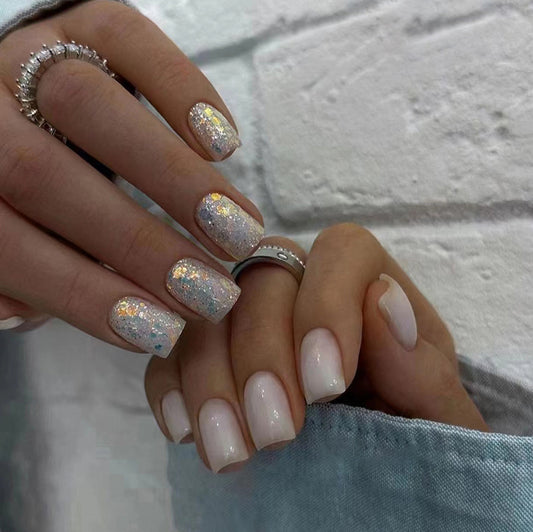 Feels Like A Dream Medium Square White Glitter Press On Nails